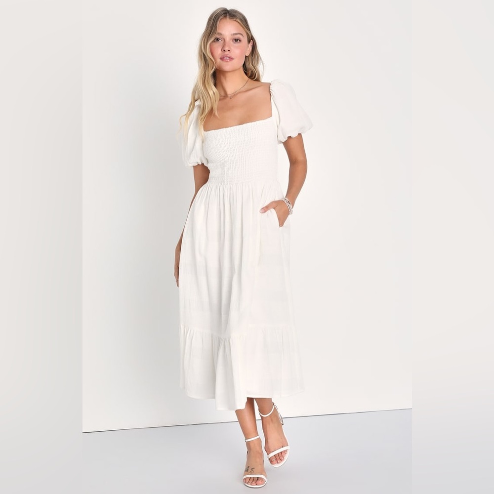 new with tags! Lulus White Smocked Puff Sleeve Midi Dress With Pockets